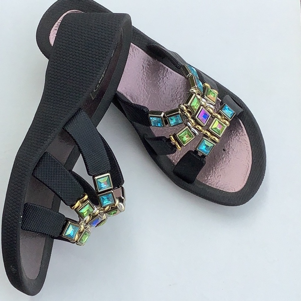 JEWELED BLACK WEDGE SLIDES SANDALS with BLUE & GREEN JEWELS by GRANDCO Size 6